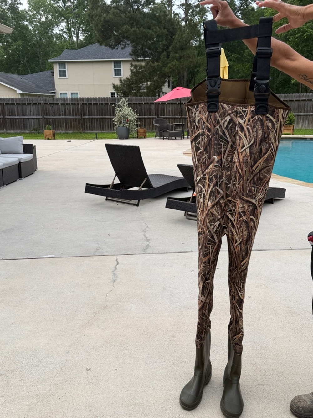 Men's Brown Camo Chest Waders with Adjustable Black Straps